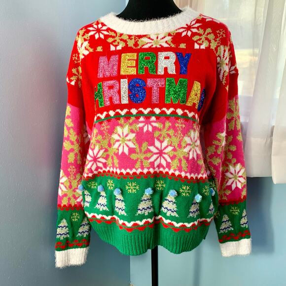 Holiday Time Sweaters - Holiday Time "Merry Christmas" Ugly Christmas Sweater Size Large